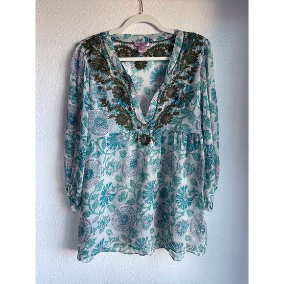 Calypso St Barth 100% Silk Semi Sheer Floral Embroidered Popover Blouse Small - Picture 4 of 13